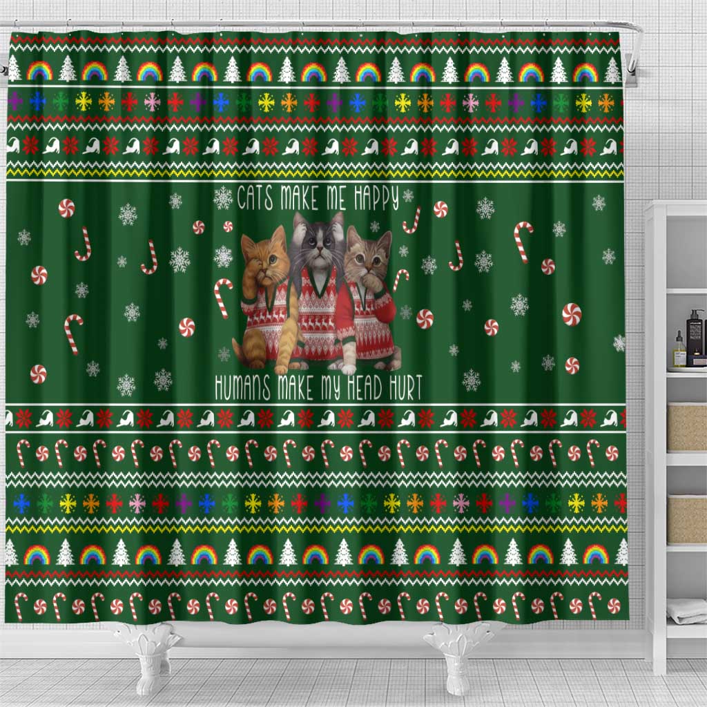 Funny Cats Make Me Happy Humans Make My Head Hurt Quote Shower Curtain with Green Christmas Pattern - Wonder Print Shop