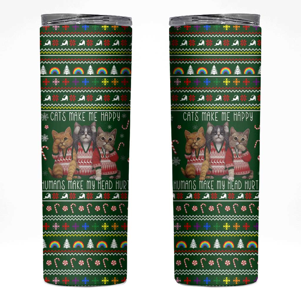 Funny Cats Make Me Happy Humans Make My Head Hurt Quote Skinny Tumbler with Green Christmas Pattern - Wonder Print Shop
