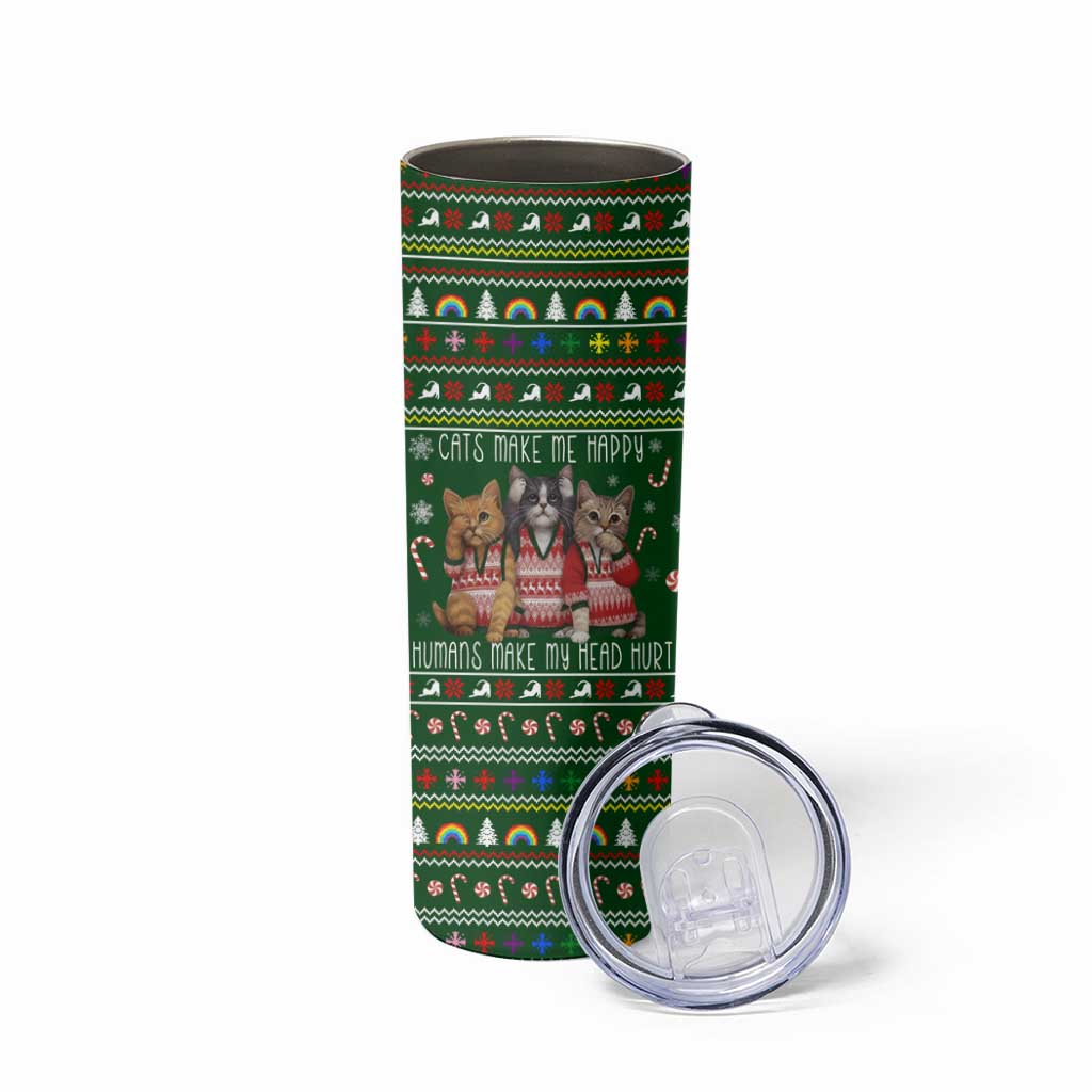 Funny Cats Make Me Happy Humans Make My Head Hurt Quote Skinny Tumbler with Green Christmas Pattern - Wonder Print Shop