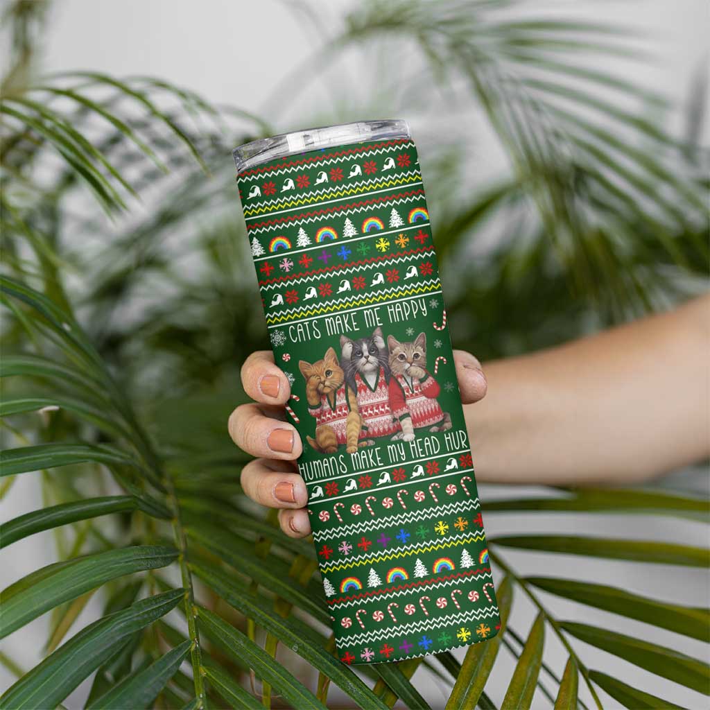 Funny Cats Make Me Happy Humans Make My Head Hurt Quote Skinny Tumbler with Green Christmas Pattern - Wonder Print Shop