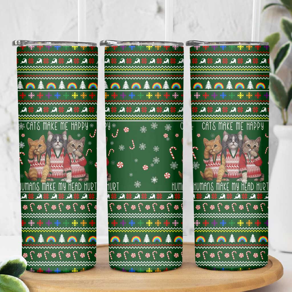 Funny Cats Make Me Happy Humans Make My Head Hurt Quote Skinny Tumbler with Green Christmas Pattern - Wonder Print Shop