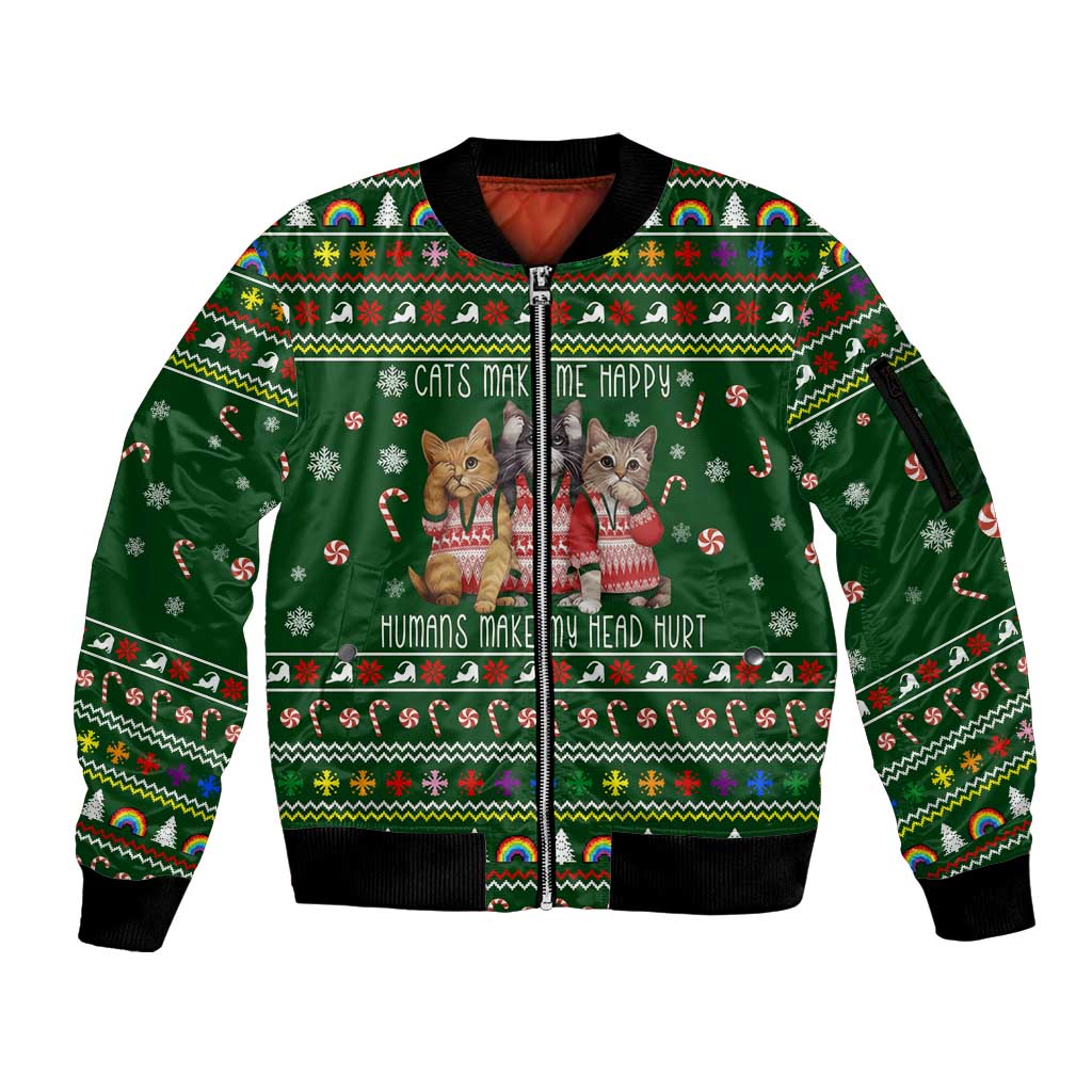 Funny Cats Make Me Happy Humans Make My Head Hurt Quote Sleeve Zip Bomber Jacket with Green Christmas Pattern - Wonder Print Shop