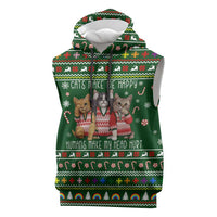 Funny Cats Make Me Happy Humans Make My Head Hurt Quote Sleeveless Hoodie with Green Christmas Pattern - Wonder Print Shop