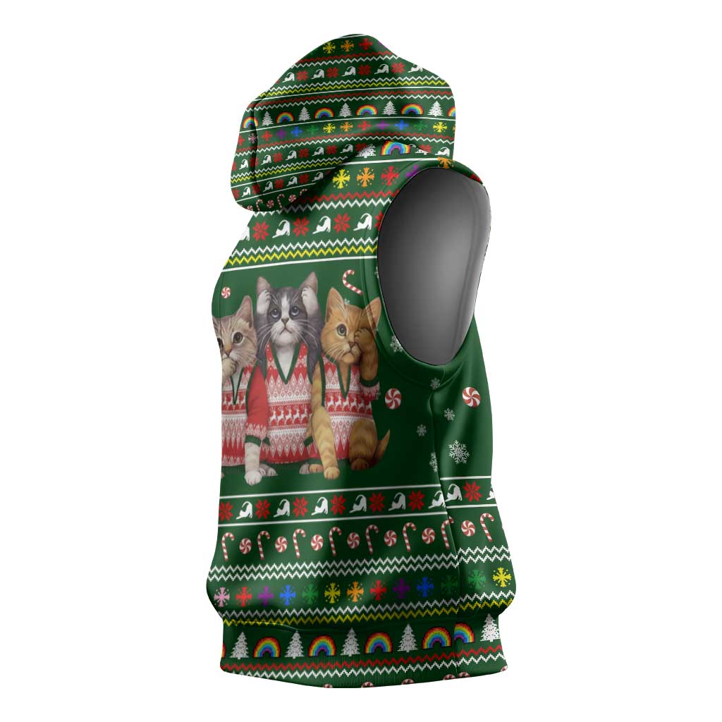 Funny Cats Make Me Happy Humans Make My Head Hurt Quote Sleeveless Hoodie with Green Christmas Pattern - Wonder Print Shop