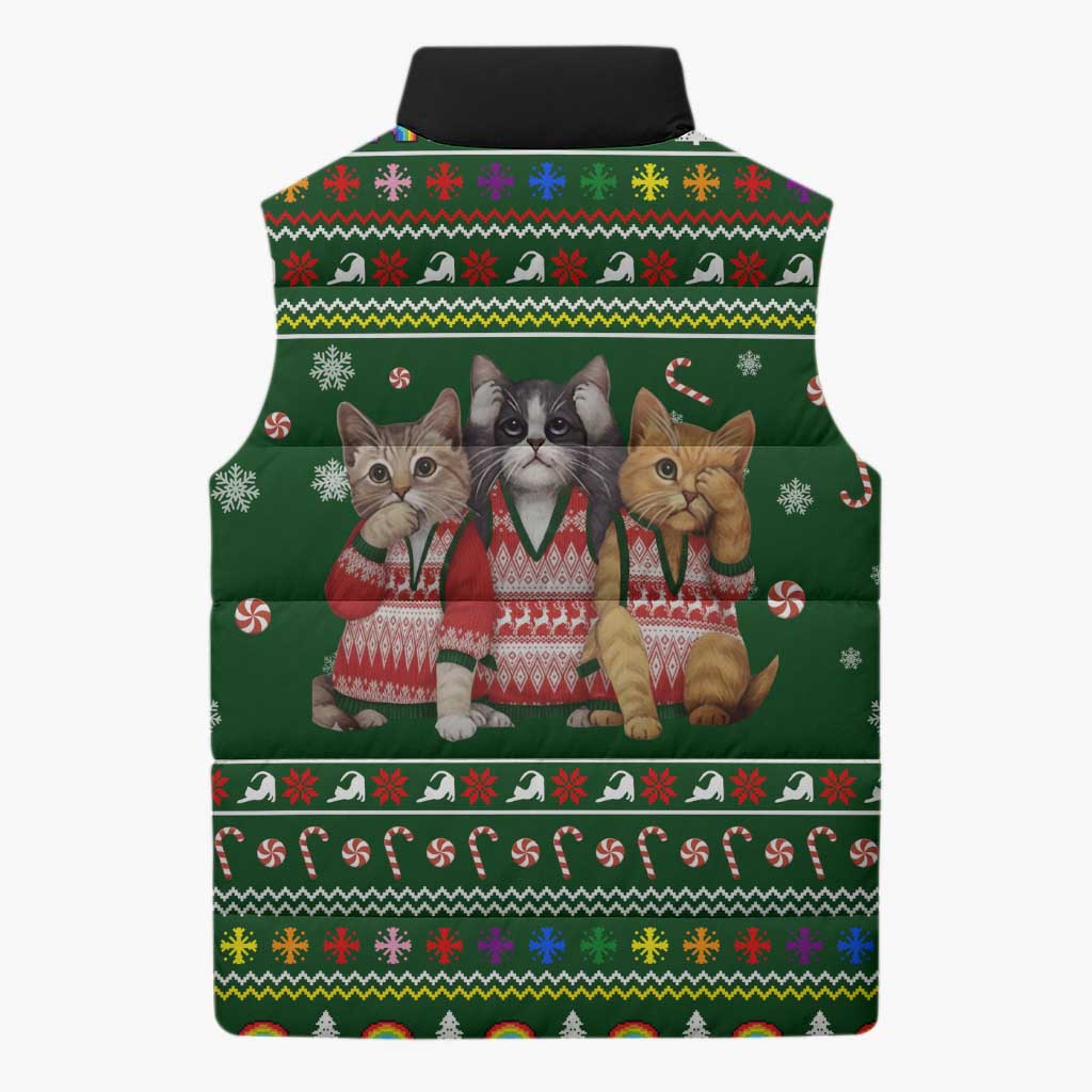 Funny Cats Make Me Happy Humans Make My Head Hurt Quote Sleeveless Puffer Jacket with Green Christmas Pattern - Wonder Print Shop