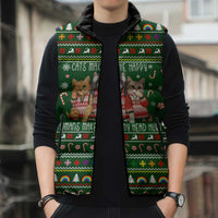Funny Cats Make Me Happy Humans Make My Head Hurt Quote Sleeveless Puffer Jacket with Green Christmas Pattern - Wonder Print Shop
