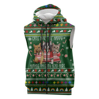 Funny Cats Make Me Happy Humans Make My Head Hurt Quote Sleeveless Zip Hoodie with Green Christmas Pattern - Wonder Print Shop
