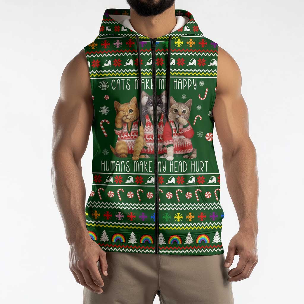 Funny Cats Make Me Happy Humans Make My Head Hurt Quote Sleeveless Zip Hoodie with Green Christmas Pattern - Wonder Print Shop