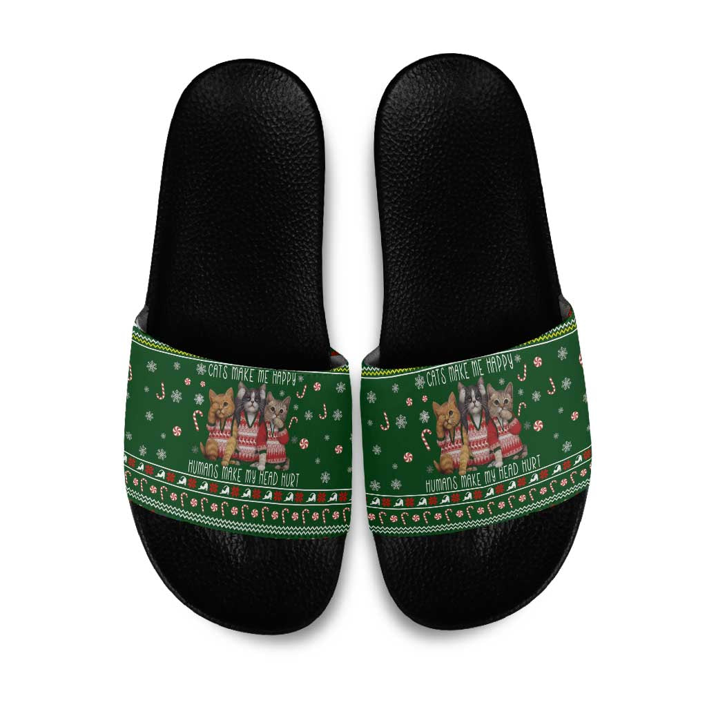 Funny Cats Make Me Happy Humans Make My Head Hurt Quote Slide Sandals with Green Christmas Pattern - Wonder Print Shop