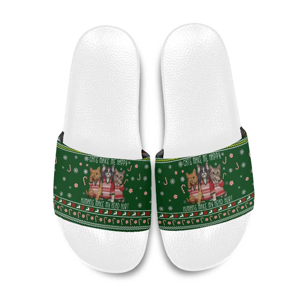 Funny Cats Make Me Happy Humans Make My Head Hurt Quote Slide Sandals with Green Christmas Pattern - Wonder Print Shop