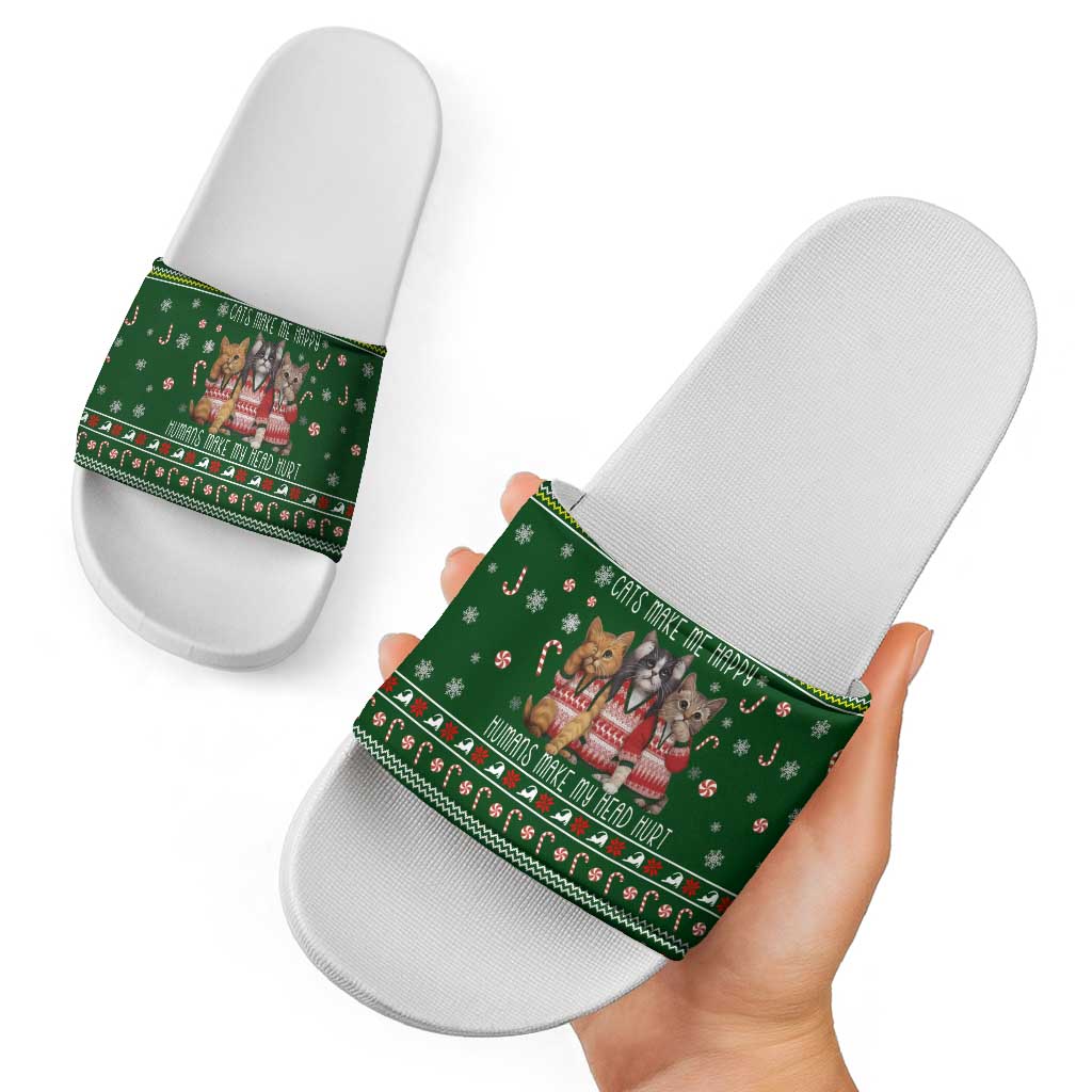 Funny Cats Make Me Happy Humans Make My Head Hurt Quote Slide Sandals with Green Christmas Pattern - Wonder Print Shop