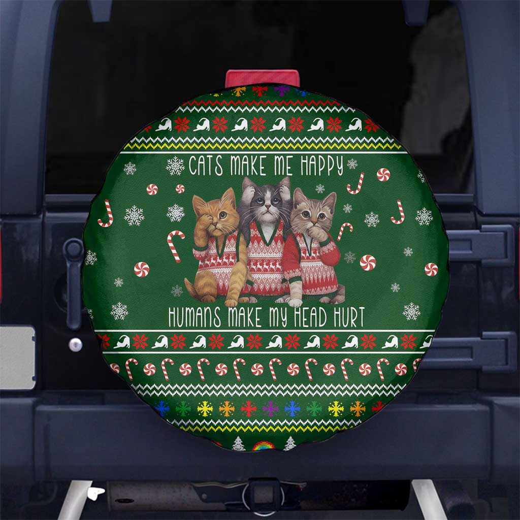 Funny Cats Make Me Happy Humans Make My Head Hurt Quote Spare Tire Cover with Green Christmas Pattern - Wonder Print Shop