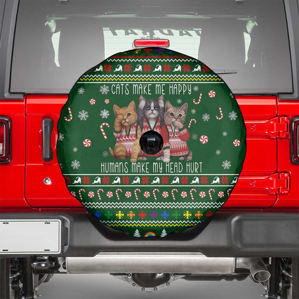 Funny Cats Make Me Happy Humans Make My Head Hurt Quote Spare Tire Cover with Green Christmas Pattern - Wonder Print Shop