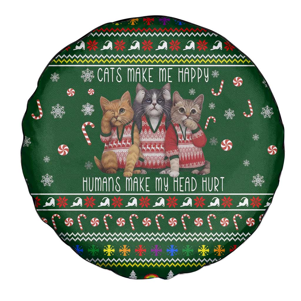 Funny Cats Make Me Happy Humans Make My Head Hurt Quote Spare Tire Cover with Green Christmas Pattern - Wonder Print Shop