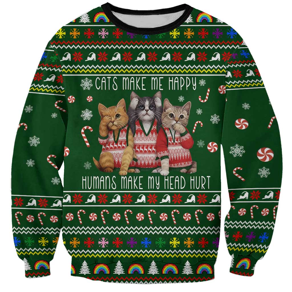 Funny Cats Make Me Happy Humans Make My Head Hurt Quote Sweatshirt with Green Christmas Pattern - Wonder Print Shop
