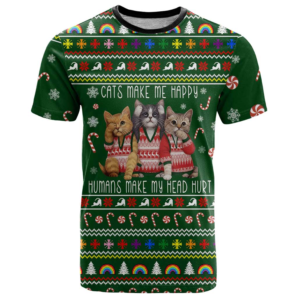 Funny Cats Make Me Happy Humans Make My Head Hurt Quote T Shirt with Green Christmas Pattern - Wonder Print Shop