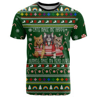 Funny Cats Make Me Happy Humans Make My Head Hurt Quote T Shirt with Green Christmas Pattern - Wonder Print Shop