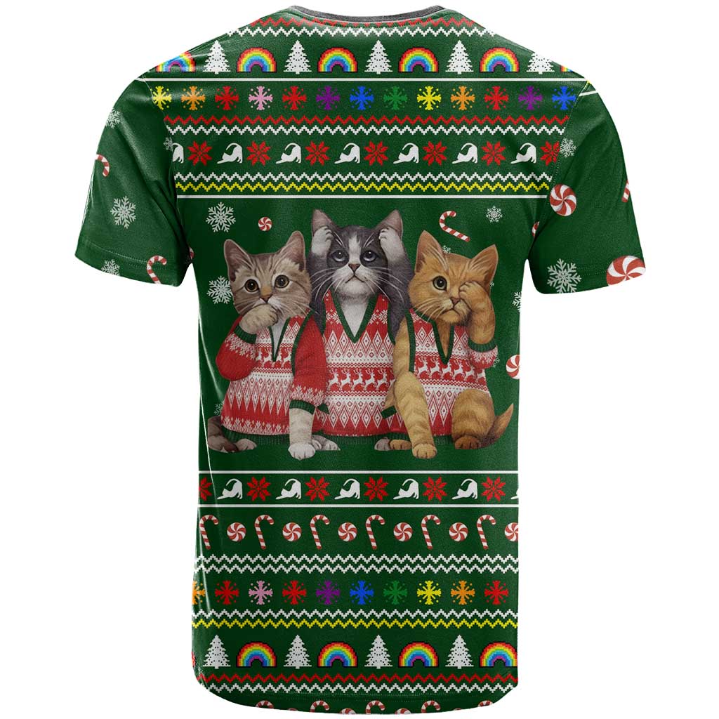 Funny Cats Make Me Happy Humans Make My Head Hurt Quote T Shirt with Green Christmas Pattern - Wonder Print Shop