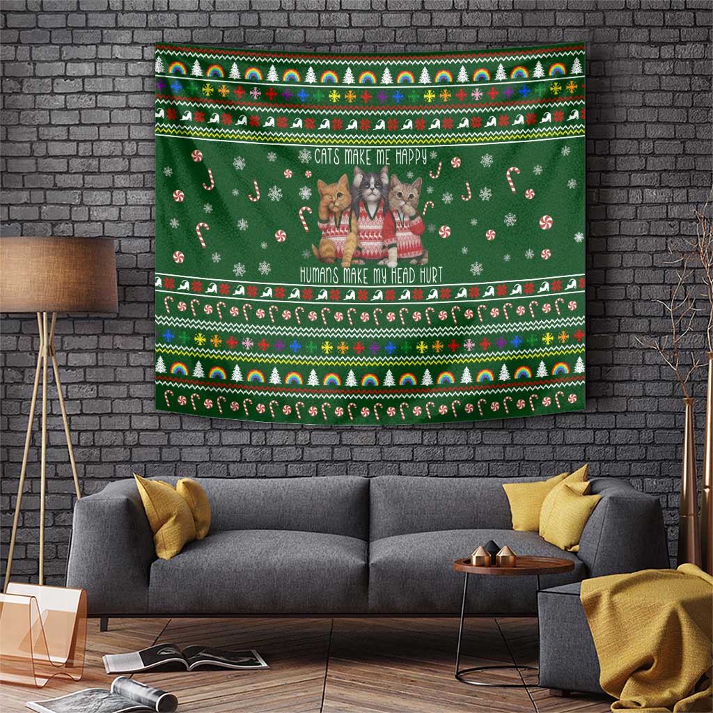 Funny Cats Make Me Happy Humans Make My Head Hurt Quote Tapestry with Green Christmas Pattern - Wonder Print Shop