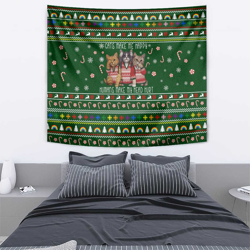 Funny Cats Make Me Happy Humans Make My Head Hurt Quote Tapestry with Green Christmas Pattern - Wonder Print Shop