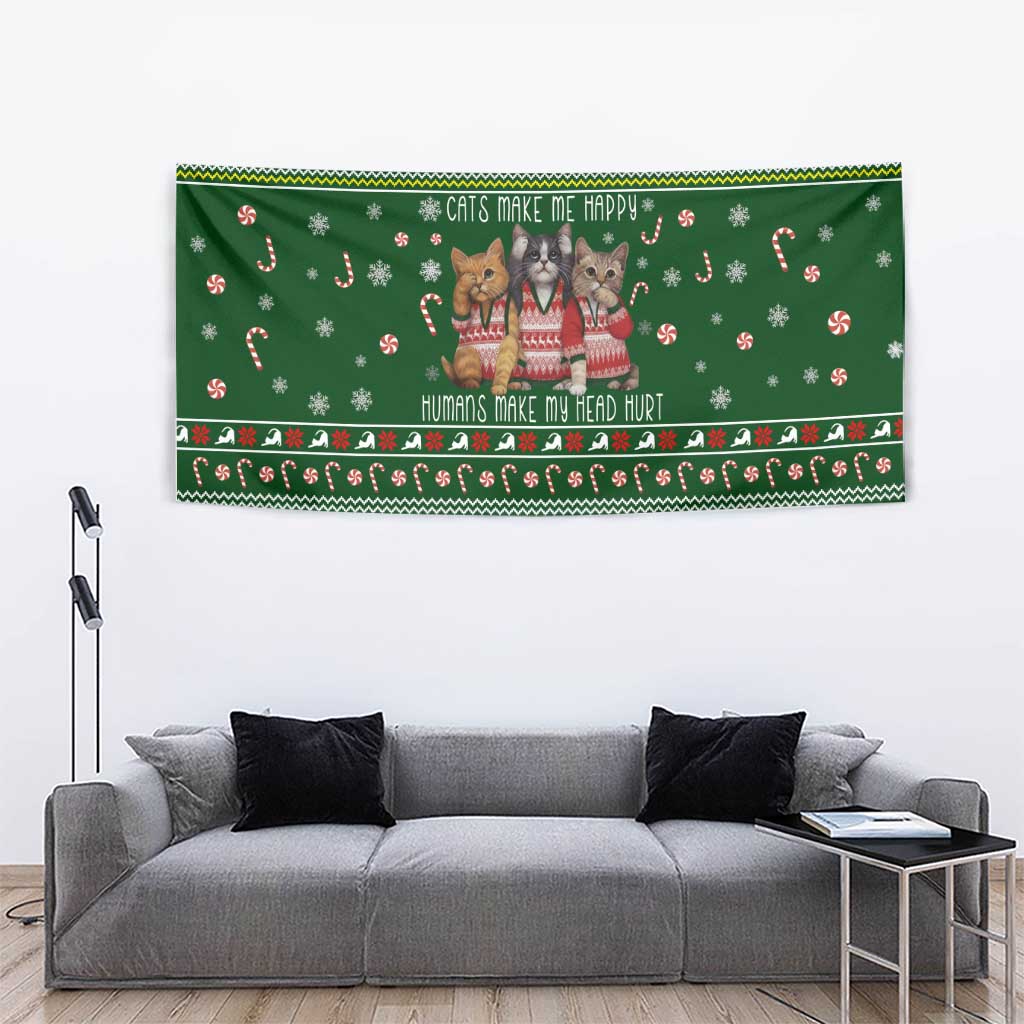 Funny Cats Make Me Happy Humans Make My Head Hurt Quote Tapestry with Green Christmas Pattern - Wonder Print Shop