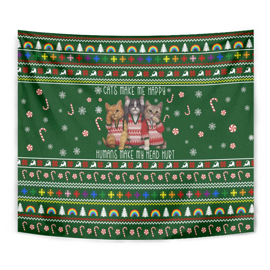 Funny Cats Make Me Happy Humans Make My Head Hurt Quote Tapestry with Green Christmas Pattern - Wonder Print Shop