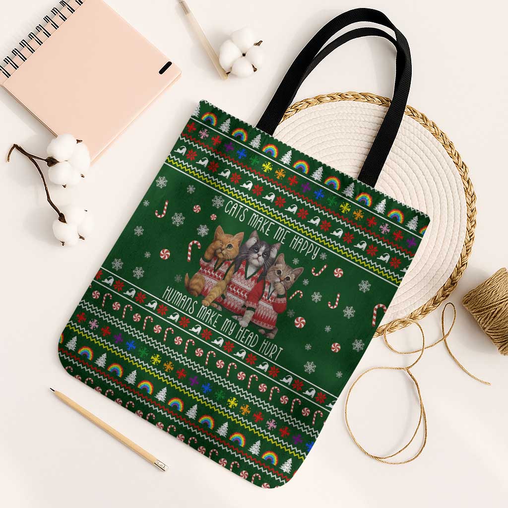 Funny Cats Make Me Happy Humans Make My Head Hurt Quote Tote Bag with Green Christmas Pattern - Wonder Print Shop