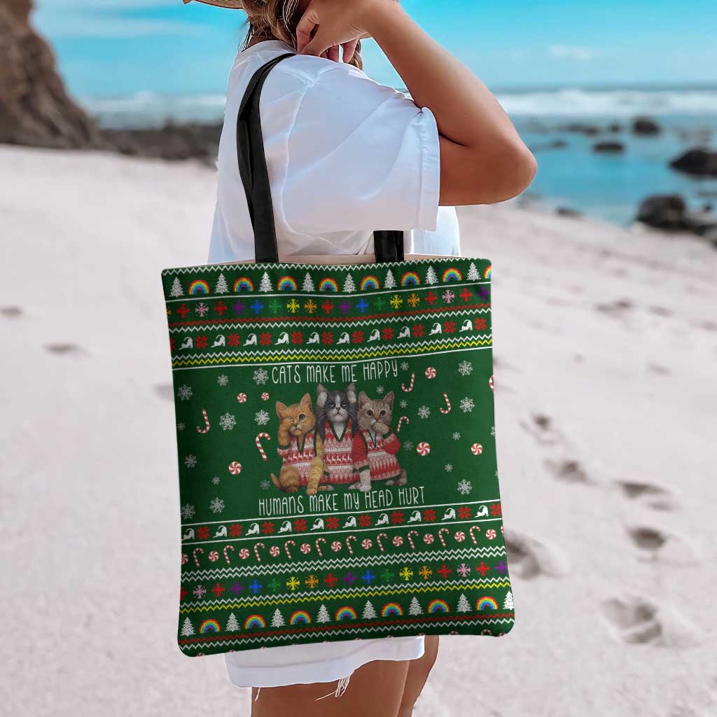 Funny Cats Make Me Happy Humans Make My Head Hurt Quote Tote Bag with Green Christmas Pattern - Wonder Print Shop