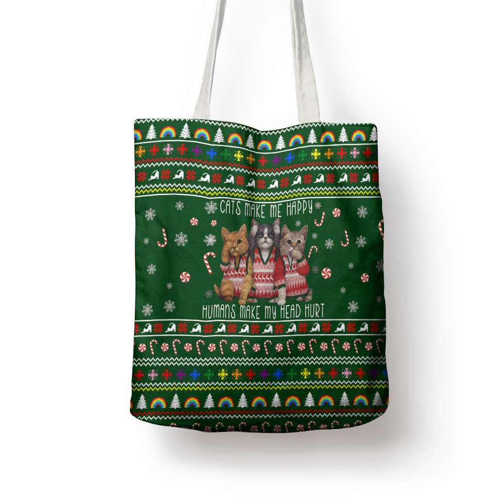 Funny Cats Make Me Happy Humans Make My Head Hurt Quote Tote Bag with Green Christmas Pattern - Wonder Print Shop