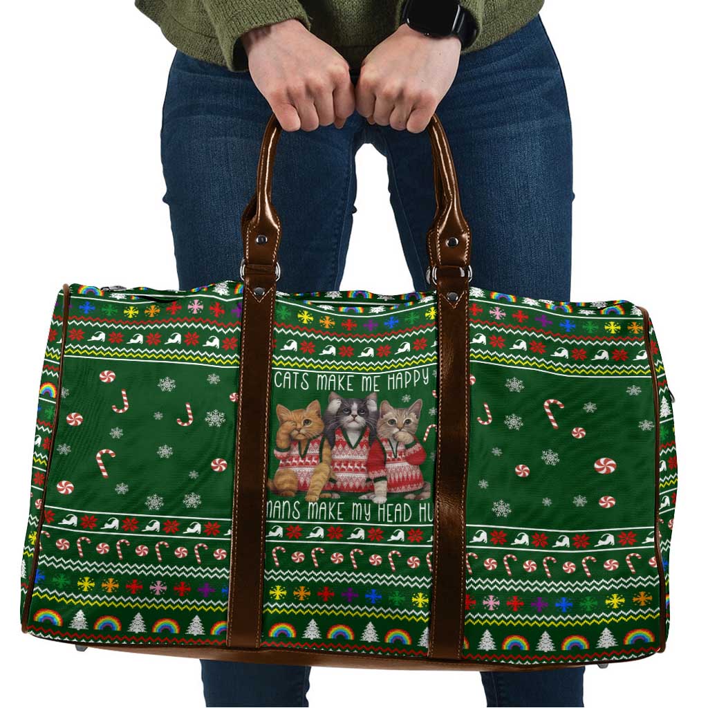 Funny Cats Make Me Happy Humans Make My Head Hurt Quote Travel Bag with Green Christmas Pattern - Wonder Print Shop