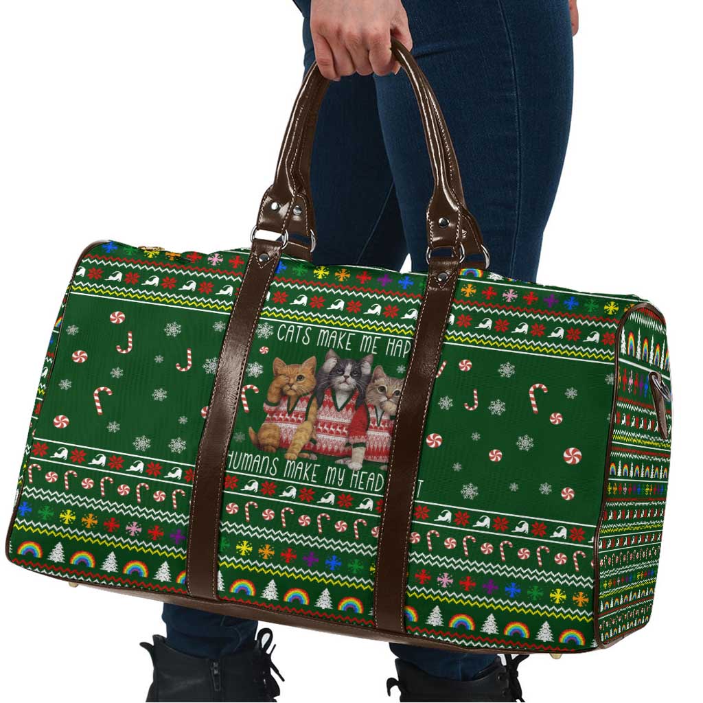 Funny Cats Make Me Happy Humans Make My Head Hurt Quote Travel Bag with Green Christmas Pattern - Wonder Print Shop