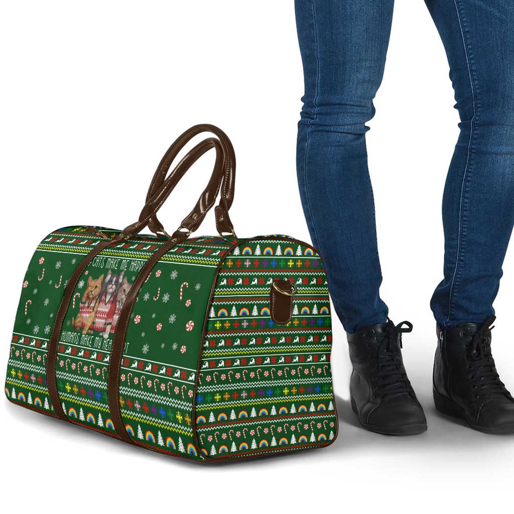 Funny Cats Make Me Happy Humans Make My Head Hurt Quote Travel Bag with Green Christmas Pattern - Wonder Print Shop