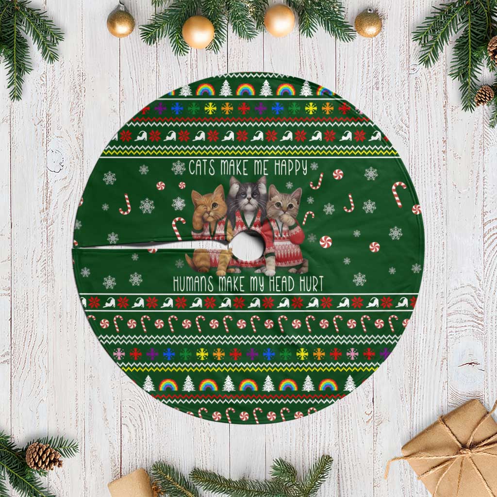 Funny Cats Make Me Happy Humans Make My Head Hurt Quote Tree Skirt with Green Christmas Pattern - Wonder Print Shop