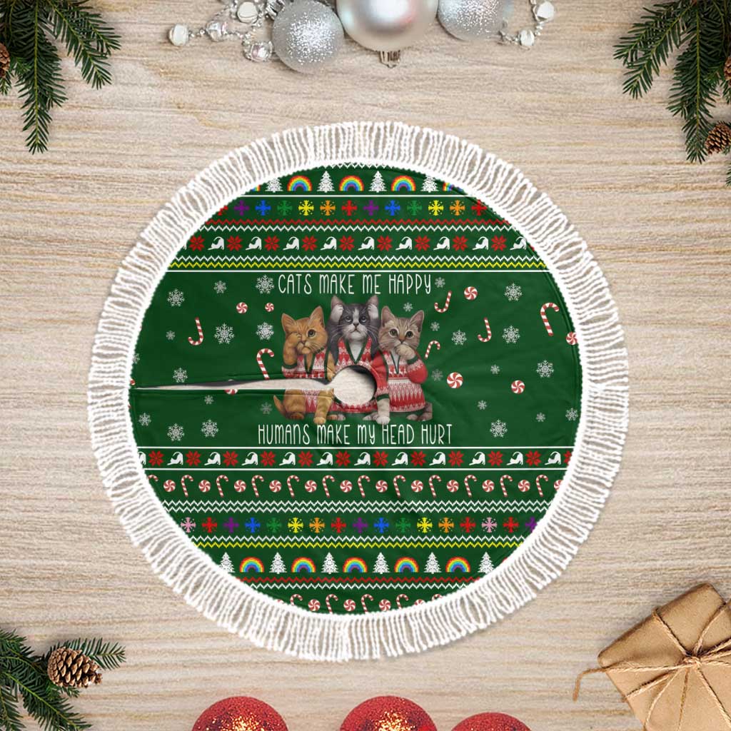 Funny Cats Make Me Happy Humans Make My Head Hurt Quote Tree Skirt with Green Christmas Pattern - Wonder Print Shop