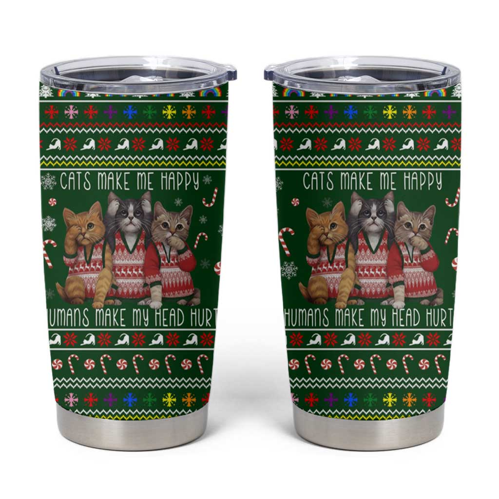 Funny Cats Make Me Happy Humans Make My Head Hurt Quote Tumbler Cup with Green Christmas Pattern - Wonder Print Shop