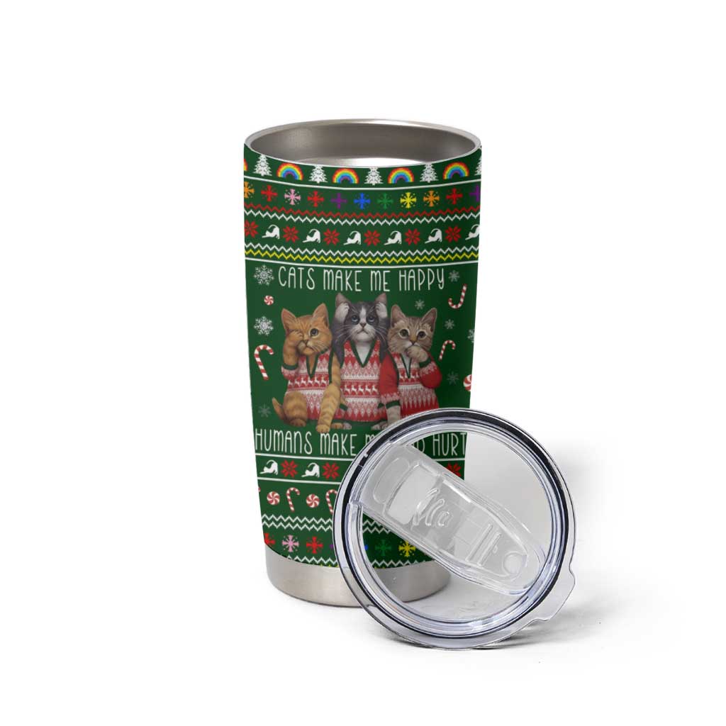 Funny Cats Make Me Happy Humans Make My Head Hurt Quote Tumbler Cup with Green Christmas Pattern - Wonder Print Shop