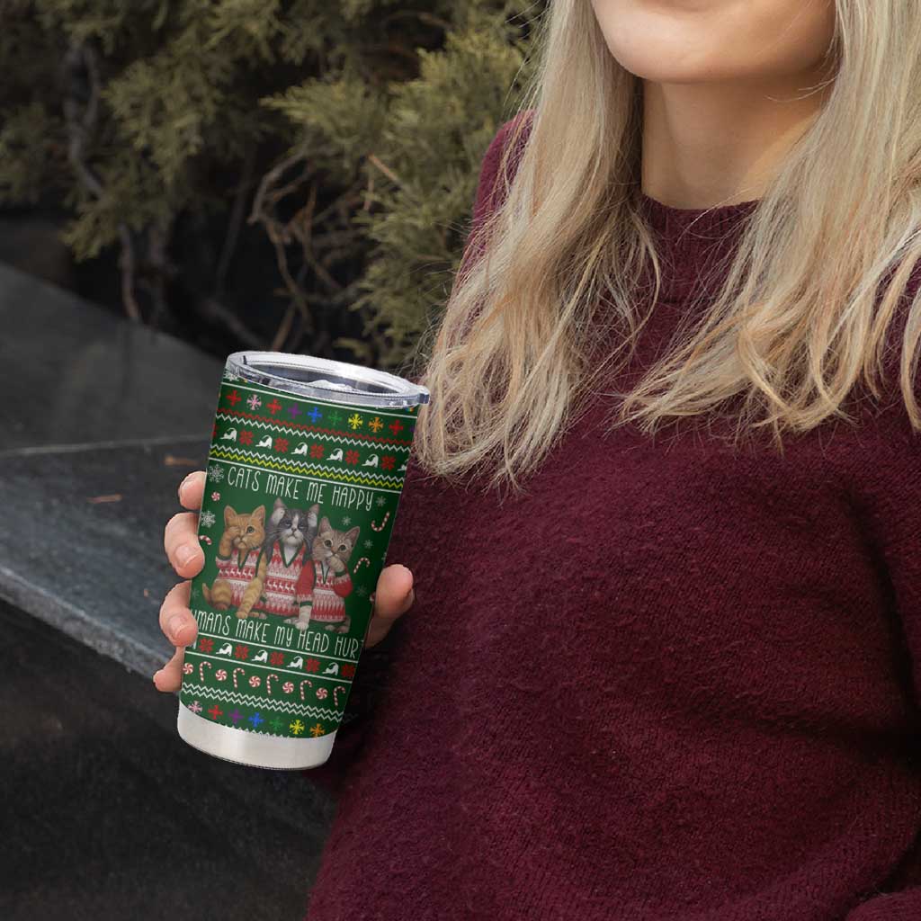 Funny Cats Make Me Happy Humans Make My Head Hurt Quote Tumbler Cup with Green Christmas Pattern - Wonder Print Shop