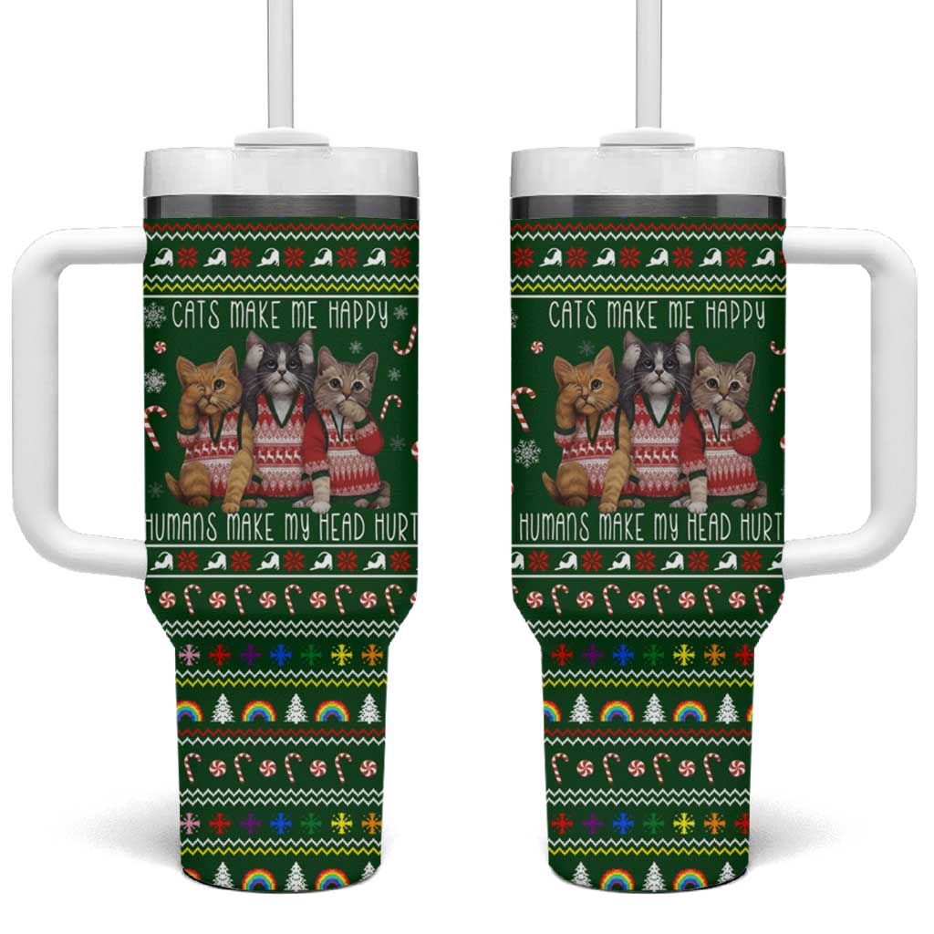 Funny Cats Make Me Happy Humans Make My Head Hurt Quote Tumbler With Handle with Green Christmas Pattern - Wonder Print Shop