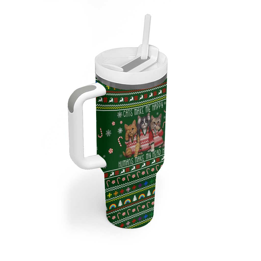 Funny Cats Make Me Happy Humans Make My Head Hurt Quote Tumbler With Handle with Green Christmas Pattern - Wonder Print Shop
