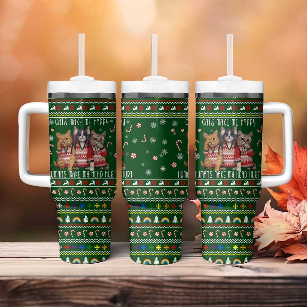 Funny Cats Make Me Happy Humans Make My Head Hurt Quote Tumbler With Handle with Green Christmas Pattern - Wonder Print Shop