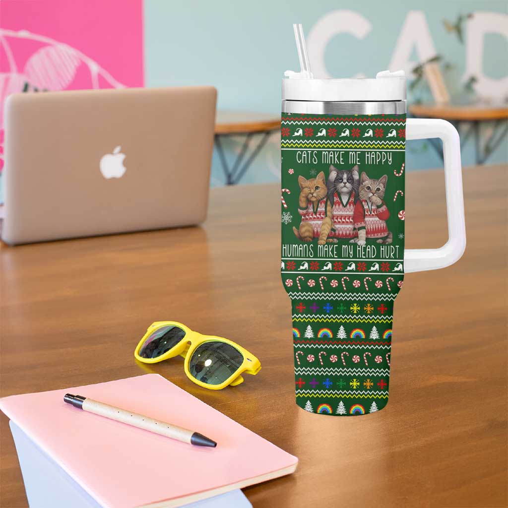 Funny Cats Make Me Happy Humans Make My Head Hurt Quote Tumbler With Handle with Green Christmas Pattern - Wonder Print Shop