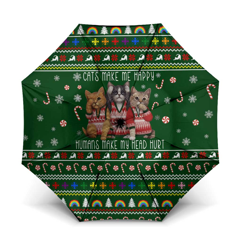 Funny Cats Make Me Happy Humans Make My Head Hurt Quote Umbrella with Green Christmas Pattern - Wonder Print Shop
