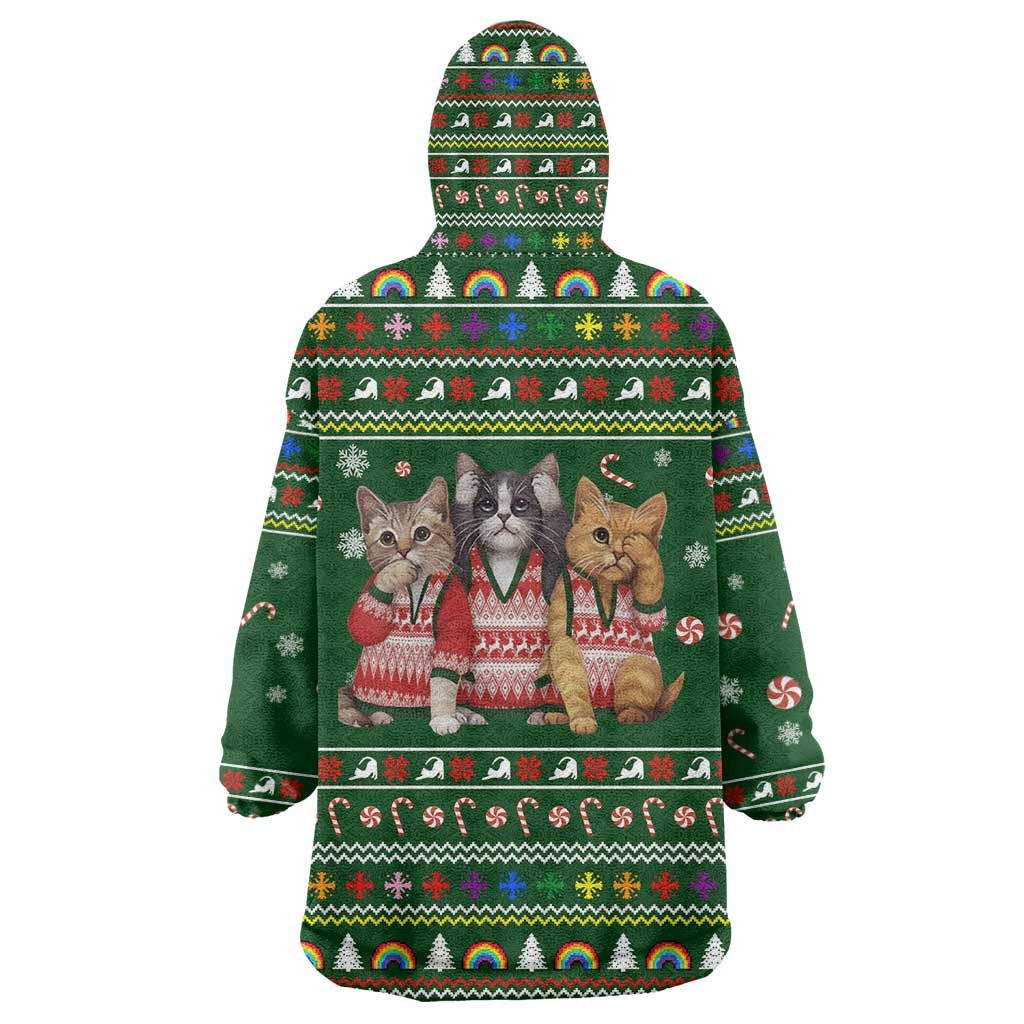 Funny Cats Make Me Happy Humans Make My Head Hurt Quote Wearable Blanket Hoodie with Green Christmas Pattern - Wonder Print Shop