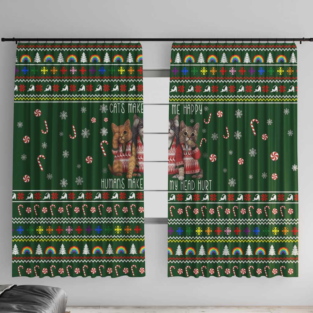 Funny Cats Make Me Happy Humans Make My Head Hurt Quote Window Curtain with Green Christmas Pattern - Wonder Print Shop