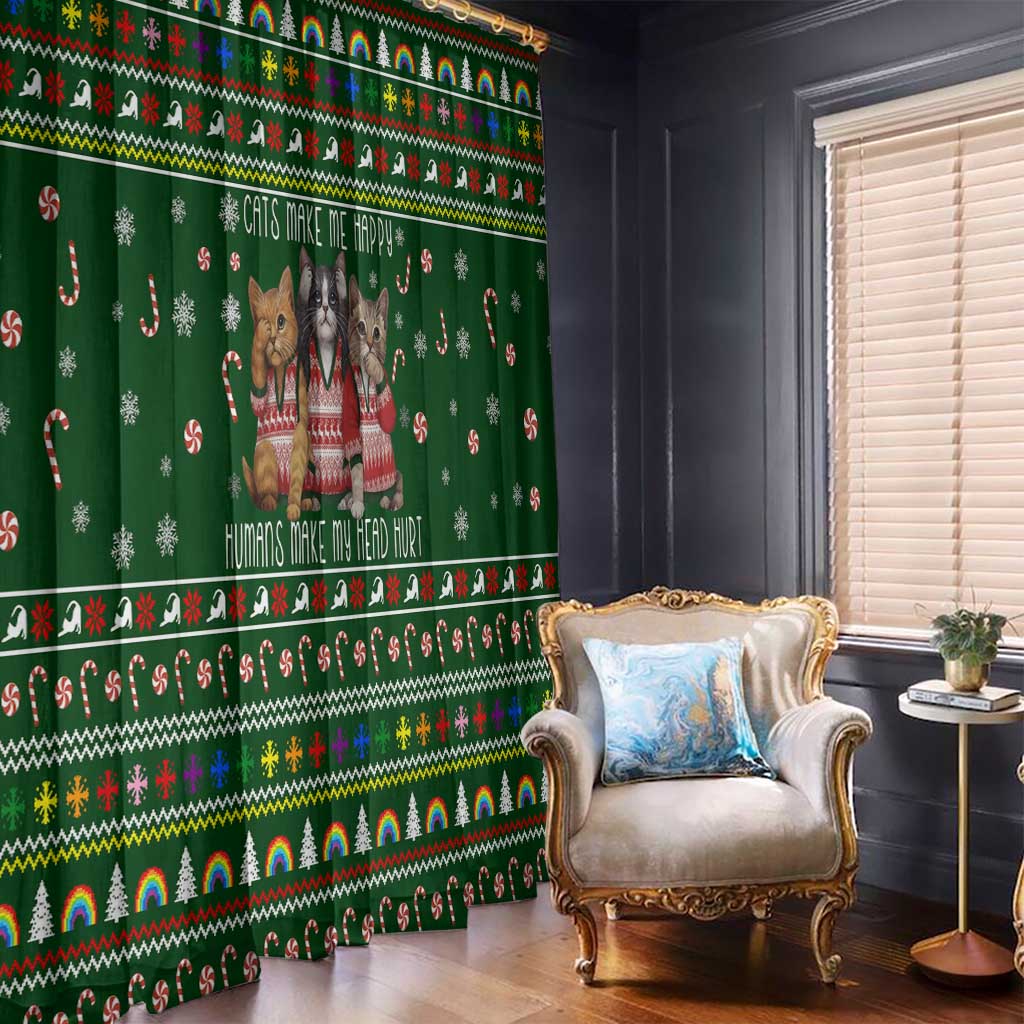 Funny Cats Make Me Happy Humans Make My Head Hurt Quote Window Curtain with Green Christmas Pattern - Wonder Print Shop