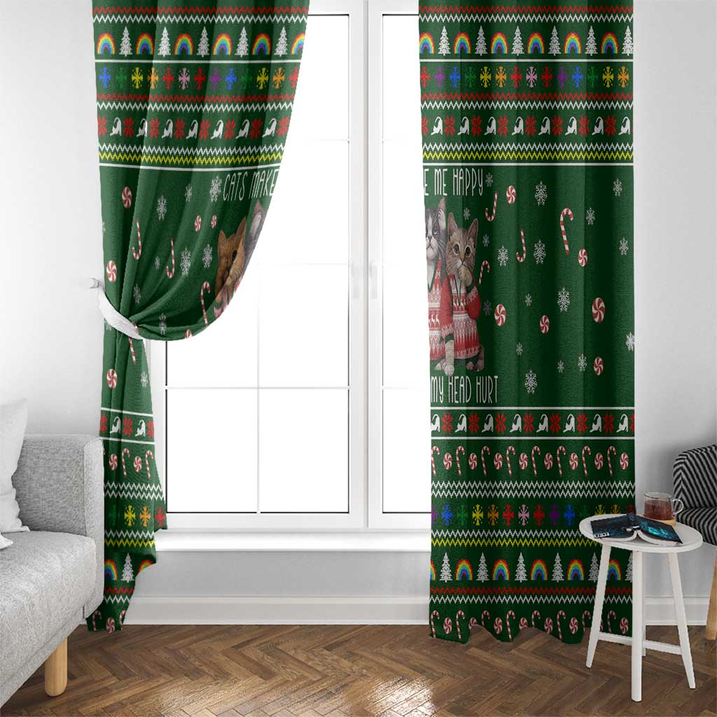 Funny Cats Make Me Happy Humans Make My Head Hurt Quote Window Curtain with Green Christmas Pattern - Wonder Print Shop