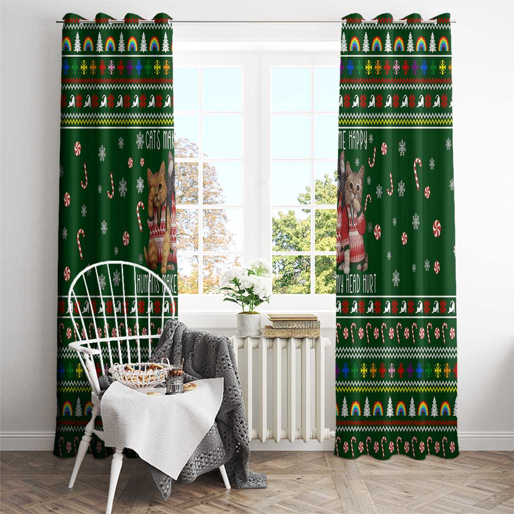 Funny Cats Make Me Happy Humans Make My Head Hurt Quote Window Curtain with Green Christmas Pattern - Wonder Print Shop