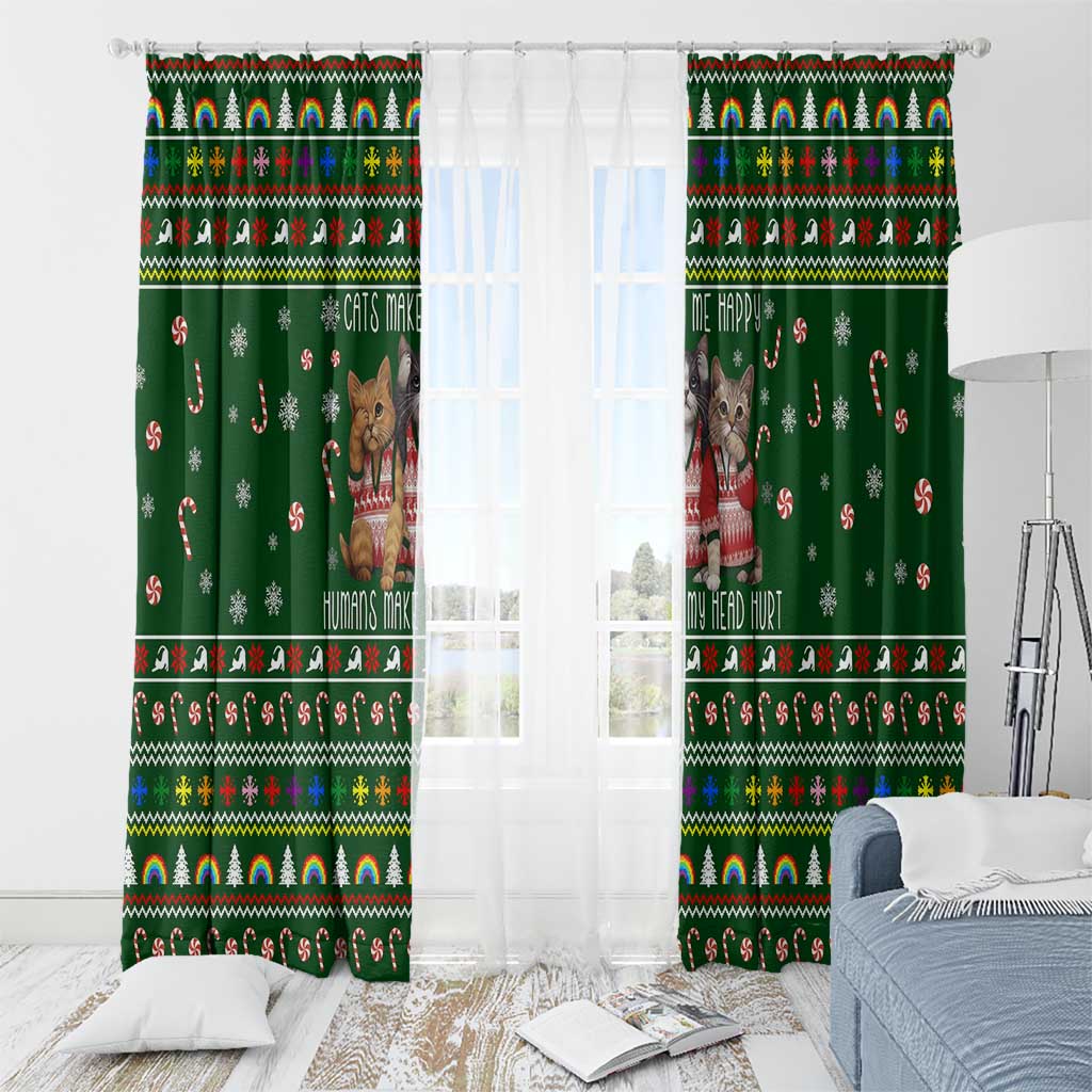 Funny Cats Make Me Happy Humans Make My Head Hurt Quote Window Curtain with Green Christmas Pattern - Wonder Print Shop