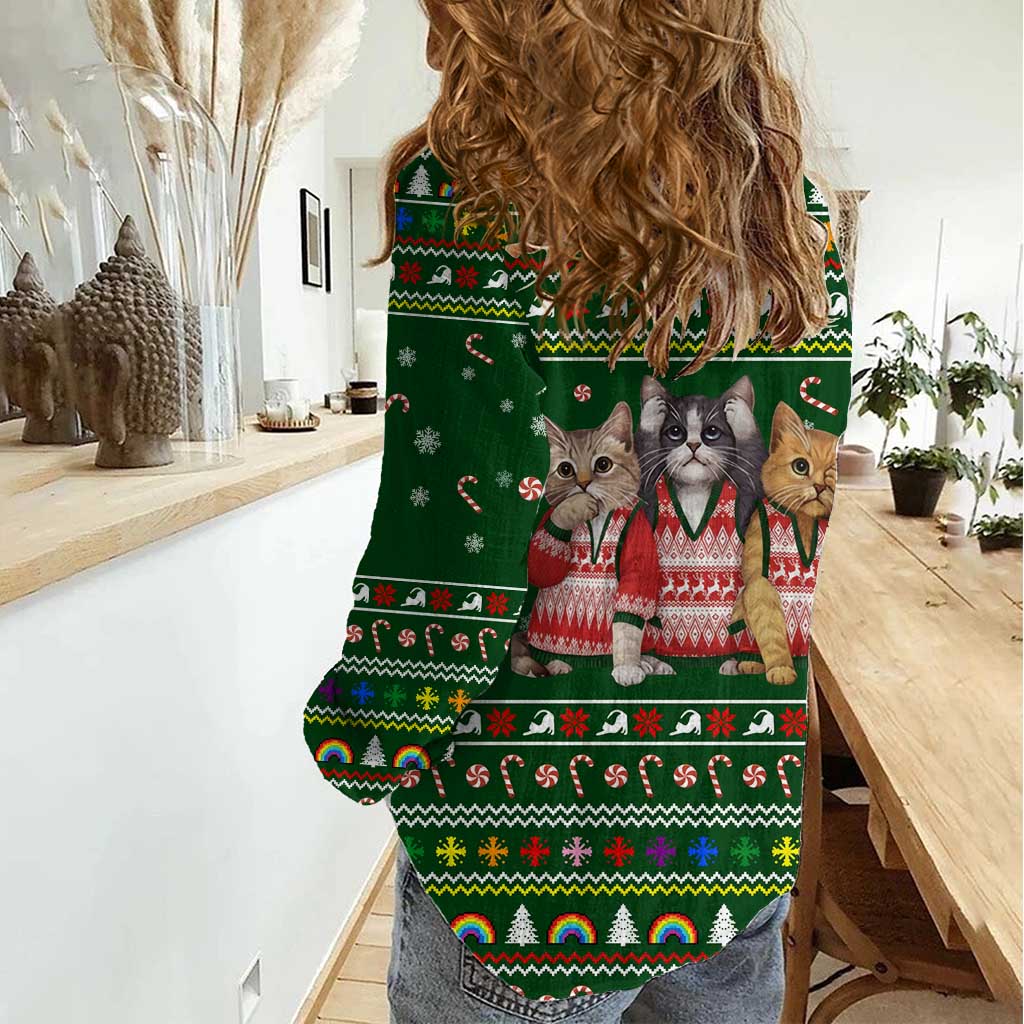 Funny Cats Make Me Happy Humans Make My Head Hurt Quote Women Casual Shirt with Green Christmas Pattern - Wonder Print Shop