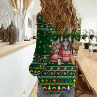 Funny Cats Make Me Happy Humans Make My Head Hurt Quote Women Casual Shirt with Green Christmas Pattern - Wonder Print Shop